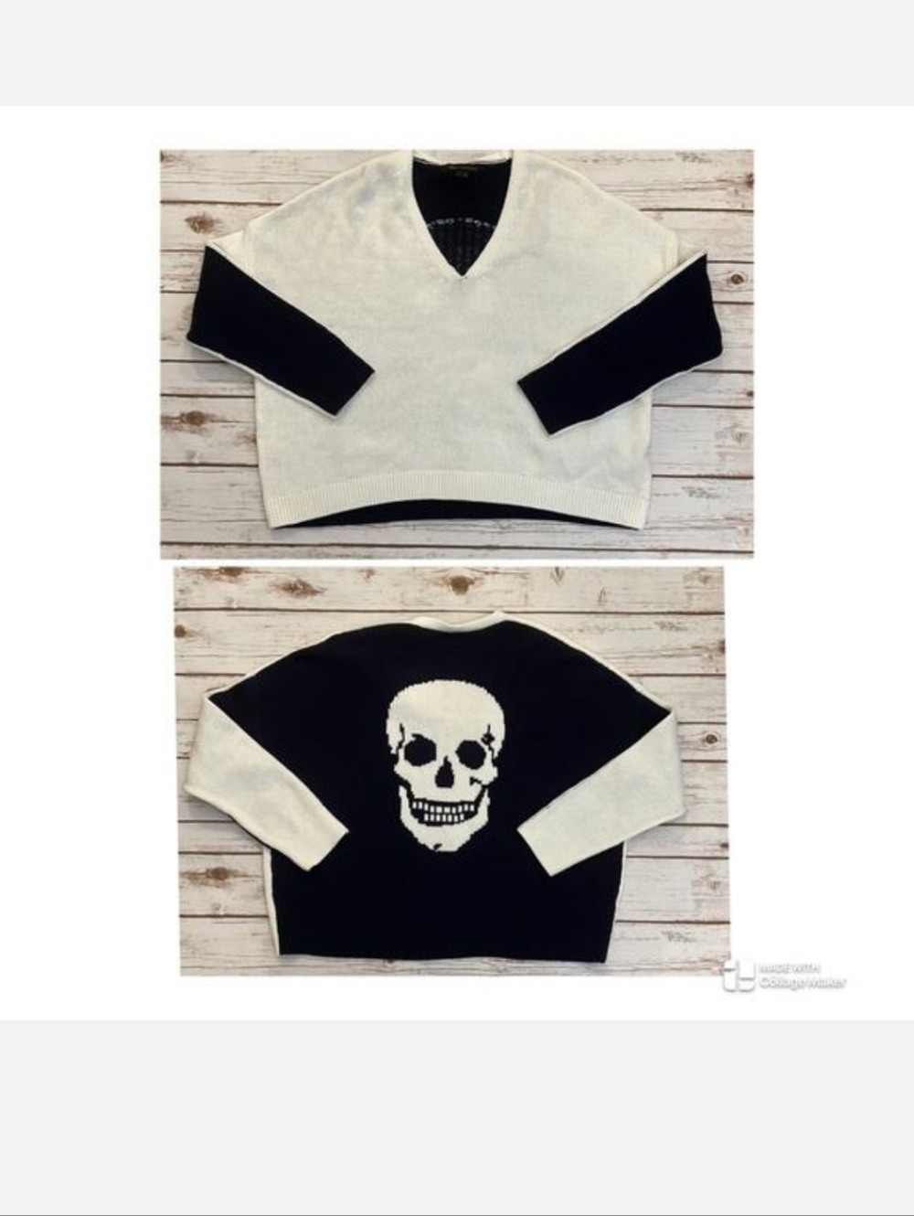 Skull Cashmere White and Navy V-Neck Oversized Cropped Sweater
